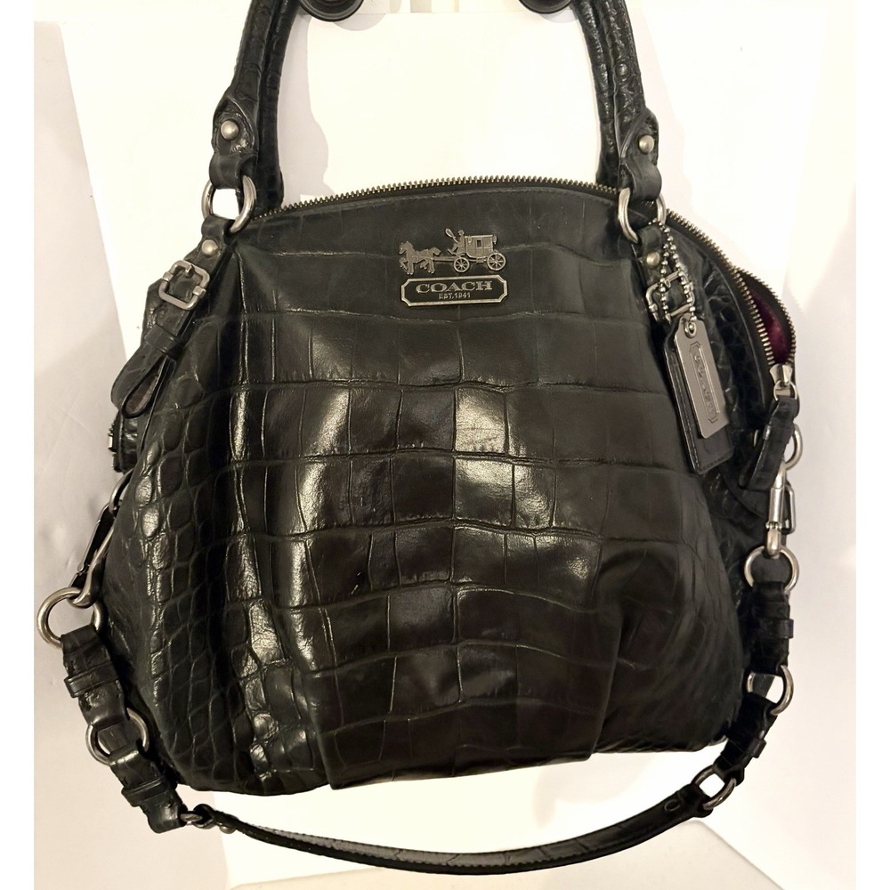 Vintage Coach Purse Madison Crocodile-Embossed Leather Black Purple Satin Lining